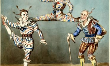 (L-R), Joseph Grimaldi as Clown, Tom Ellar as Harlequin, James Barnes as Pantaloon (watercolor, British Museum)
