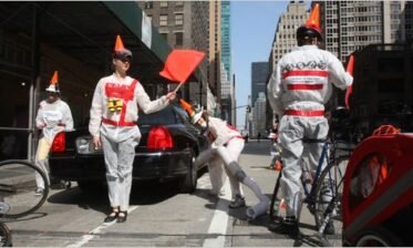 Hiroko Masuike for The New York Times 
The Bureau of Organized Bikelane Safety, on patrol on 6th Avenue Friday.